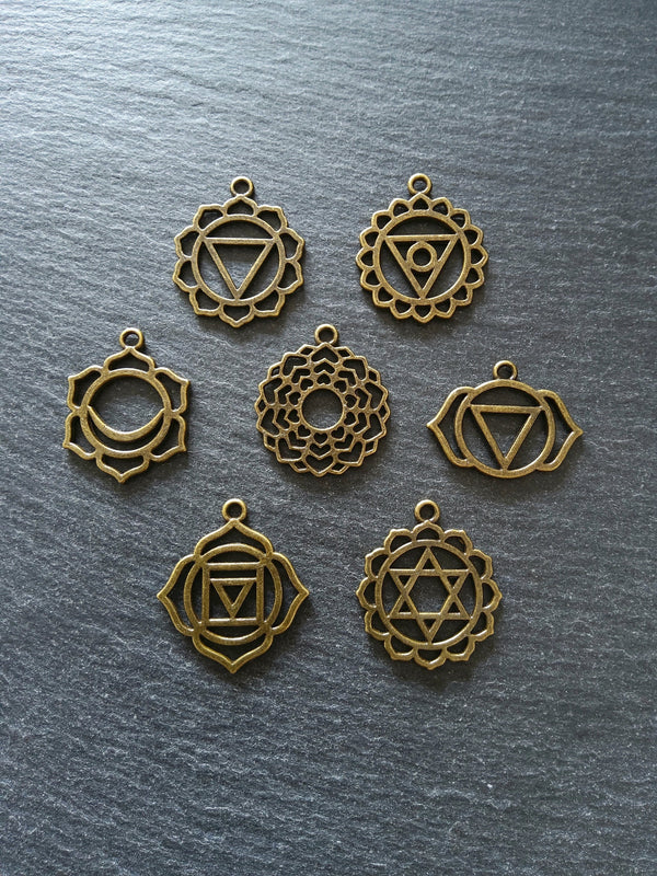 1 Full Set of The Seven Chakras Pendants in Antique Bronze Tone Metal Alloy average 30x25mm