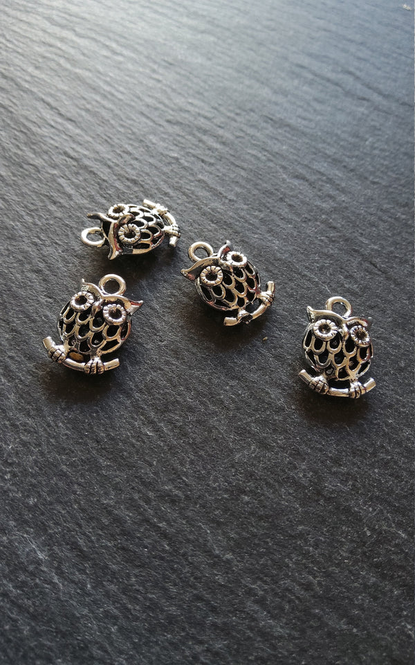 4 or 20 Owl Charms Antique Silver Tone Hollow 17x12x7mm Nickel FREE