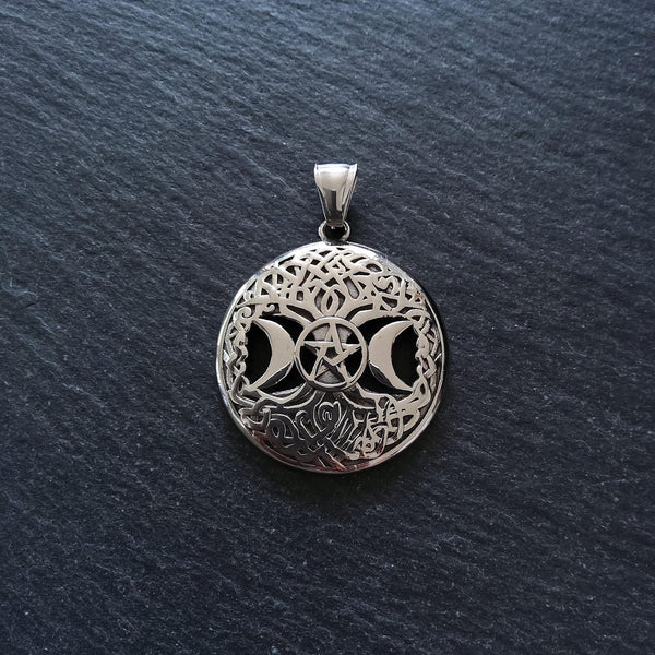 Stainless Steel Round Triple Moon Pentagram Pendant Silver Tone 40x36mm