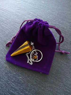 Dowsing Pendulum Natural Tigers Eye Faceted Cone with Velvet Pouch