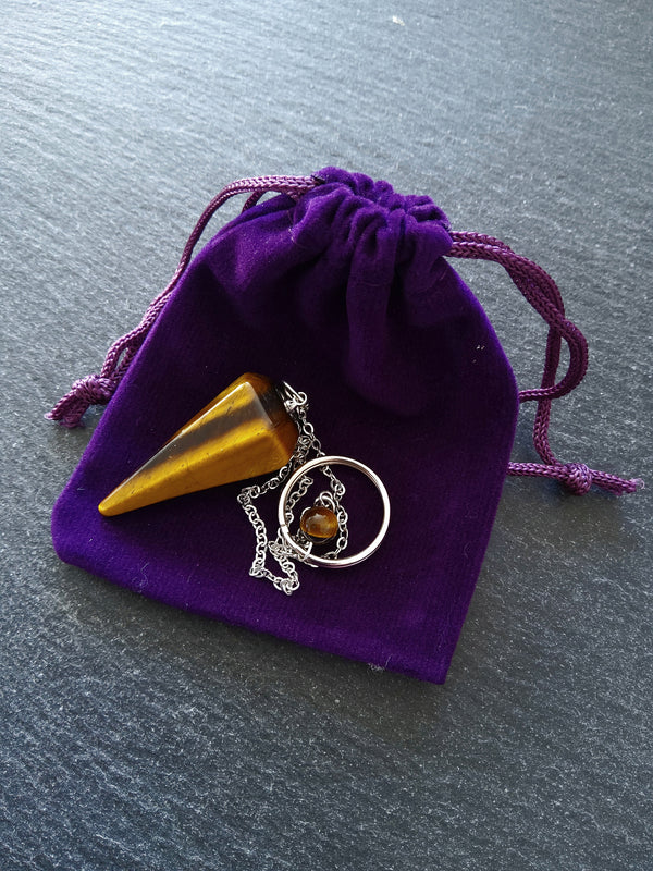 Dowsing Pendulum Natural Tigers Eye Faceted Cone with Velvet Pouch