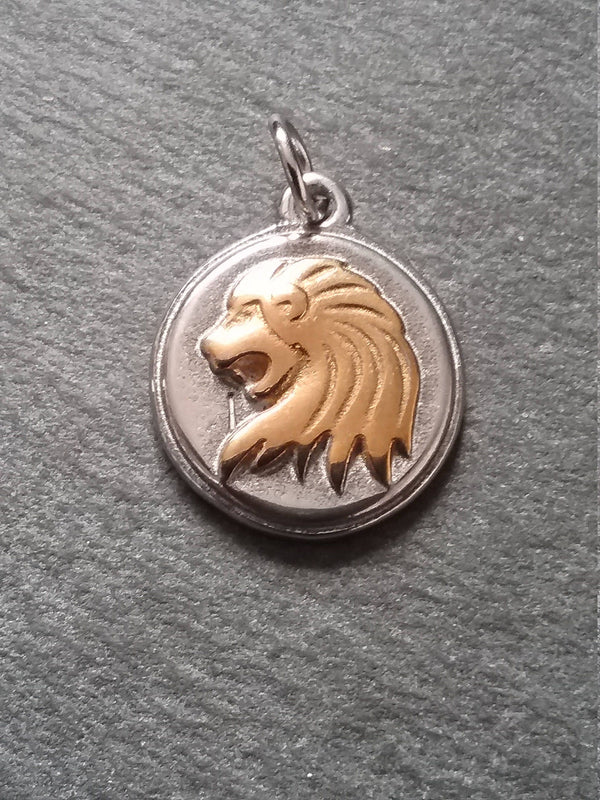 Surgical Steel Lion Charm Pendant Silver & Gold Tone 19x23x4mm