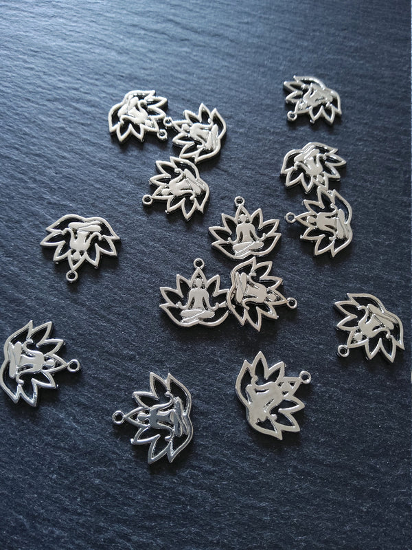 10 or 50 Antique Silver Tone Lotus Flower Meditation Yoga Charms 18x17mm