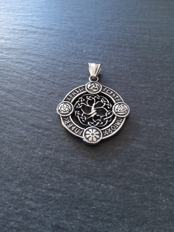 Round Viking Symbol Pendant with Tree of Life Stainless Steel 38x33mm