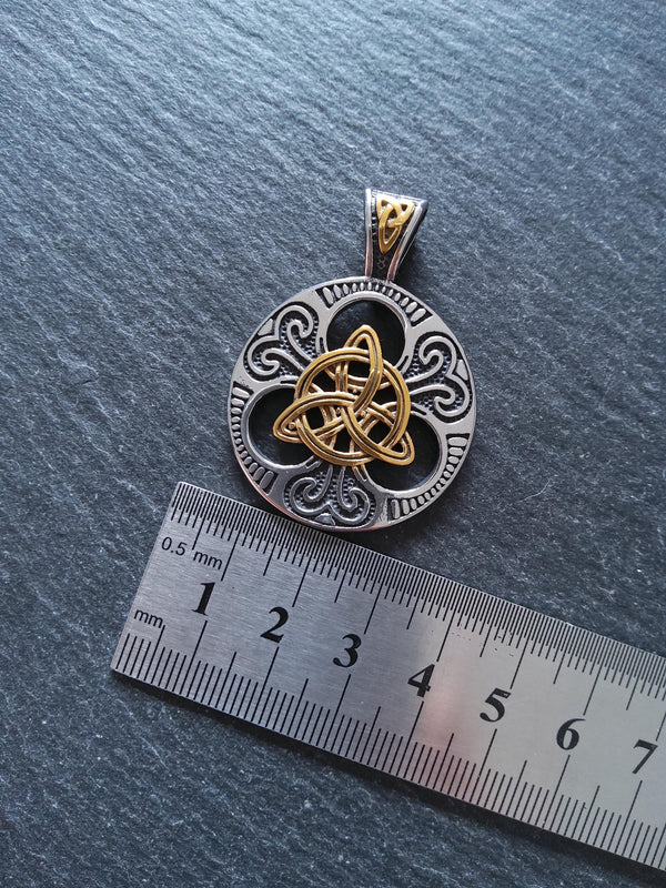 Stainless Steel Trinity Celtic Knot Silver & Gold Large Pendant 45x33x8mm