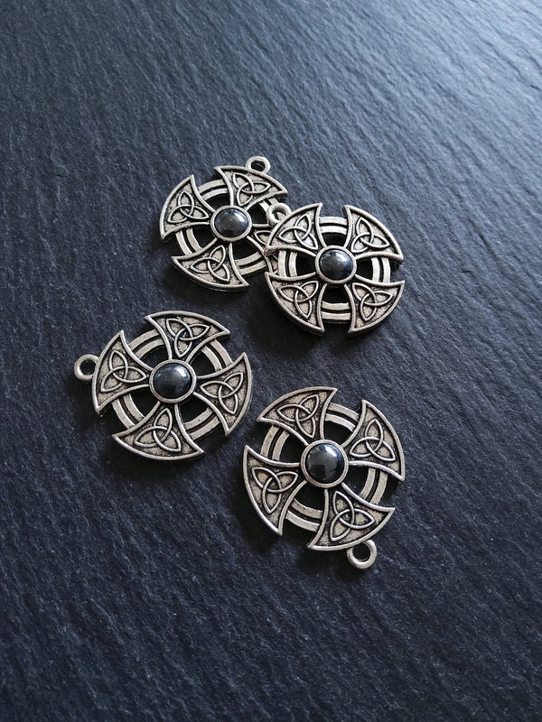 4 or 20 Celtic Knot Cross Round Pendant Antique Silver Tone with Hematite Cabochon 30x27mm