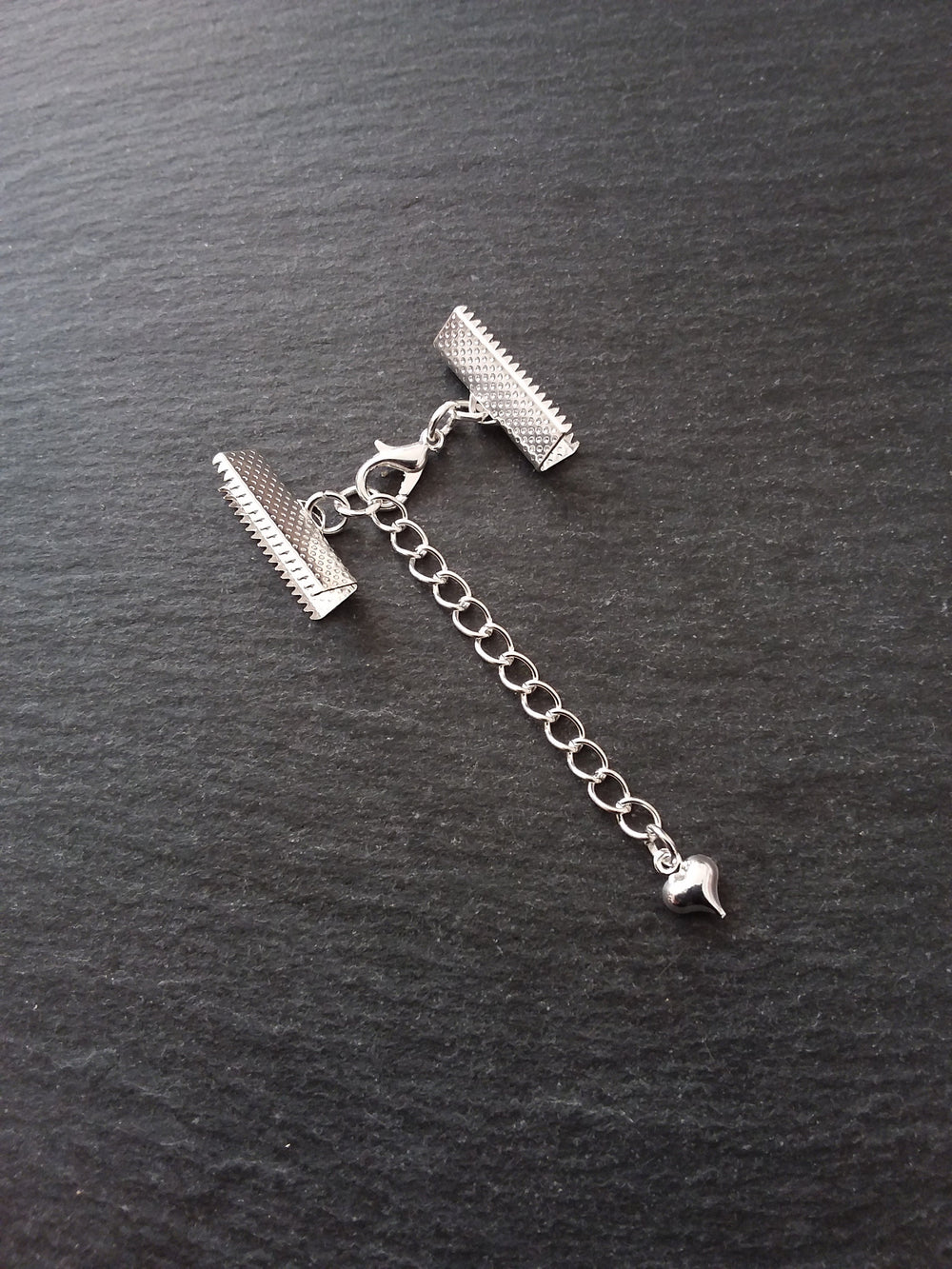 5 Silver Plated Crimp End Sets for 25mm (1") Ribbon with HEART Extender Chain