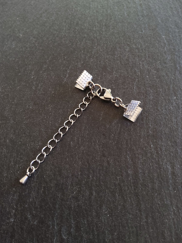 5 or 25 Patterned Stainless Steel Crimp End Sets for 8mm (5/16 inch) Ribbon with Extender Chain