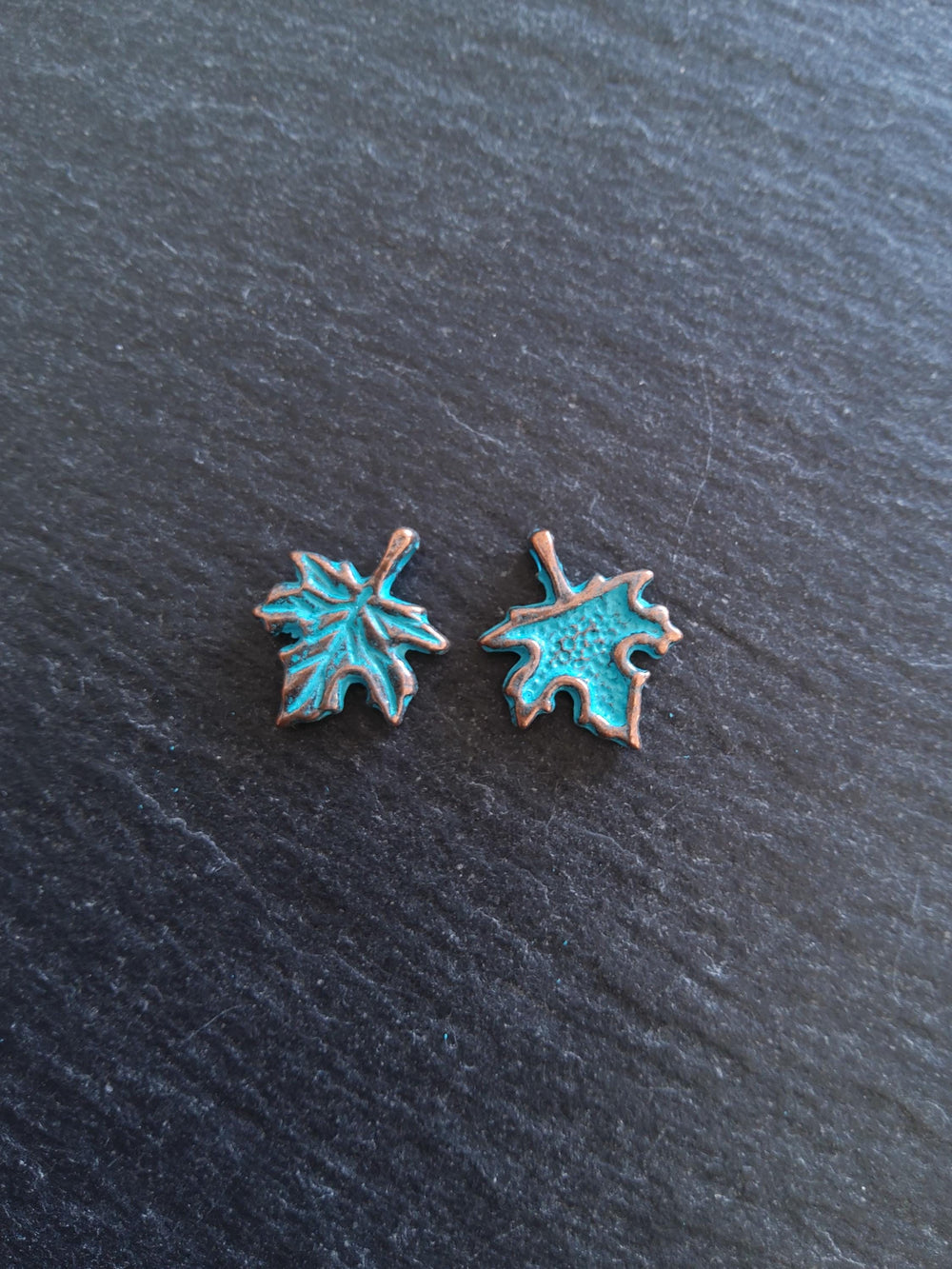 10 or 50 Antique Copper Tone Maple Leaf Charms with Blue Patina 17x13mm