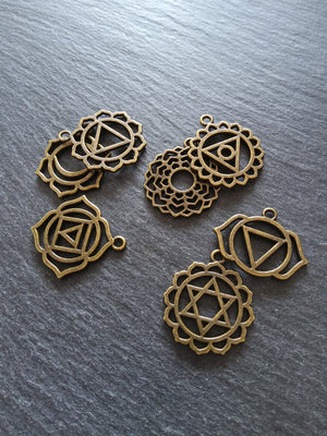 1 Full Set of The Seven Chakras Pendants in Antique Bronze Tone Metal Alloy average 30x25mm