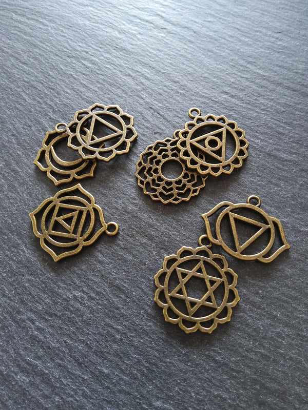 1 Full Set of The Seven Chakras Pendants in Antique Bronze Tone Metal Alloy average 30x25mm