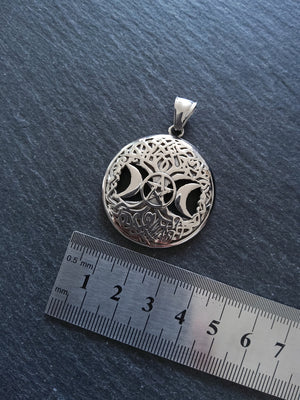 Stainless Steel Round Triple Moon Pentagram Pendant Silver Tone 40x36mm