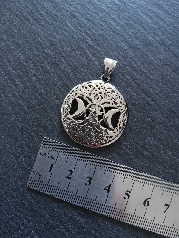 Stainless Steel Round Triple Moon Pentagram Pendant Silver Tone 40x36mm