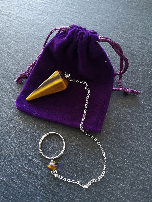 Dowsing Pendulum Natural Tigers Eye Faceted Cone with Velvet Pouch