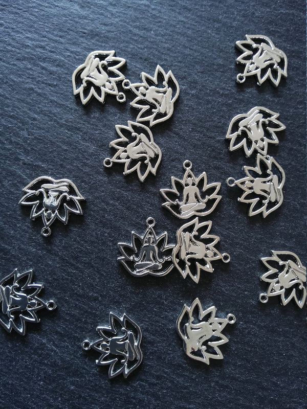 10 or 50 Antique Silver Tone Lotus Flower Meditation Yoga Charms 18x17mm