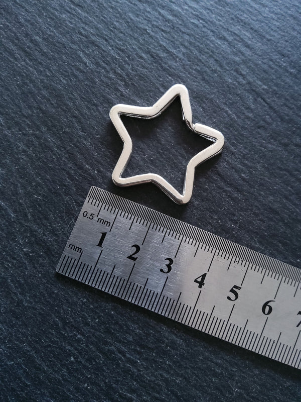 2 or 10 Star Shaped Keyring Rings Bright Silver Plated 34x33mm
