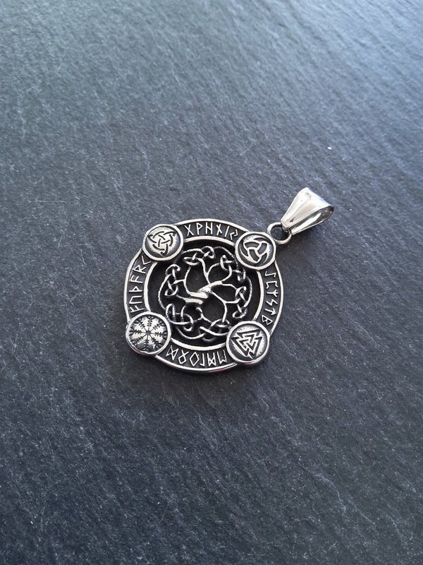 Round Viking Symbol Pendant with Tree of Life Stainless Steel 38x33mm