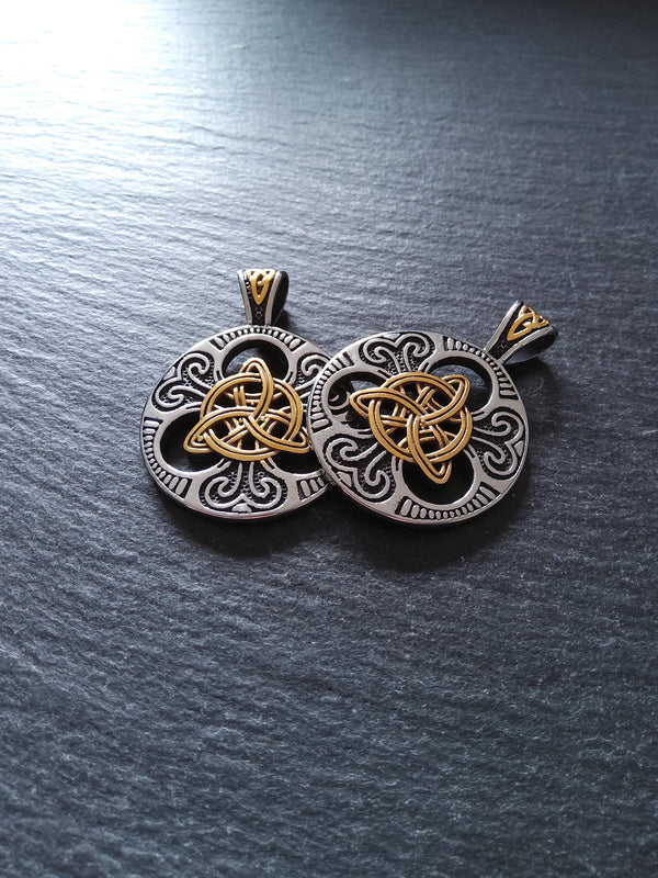 Stainless Steel Trinity Celtic Knot Silver & Gold Large Pendant 45x33x8mm