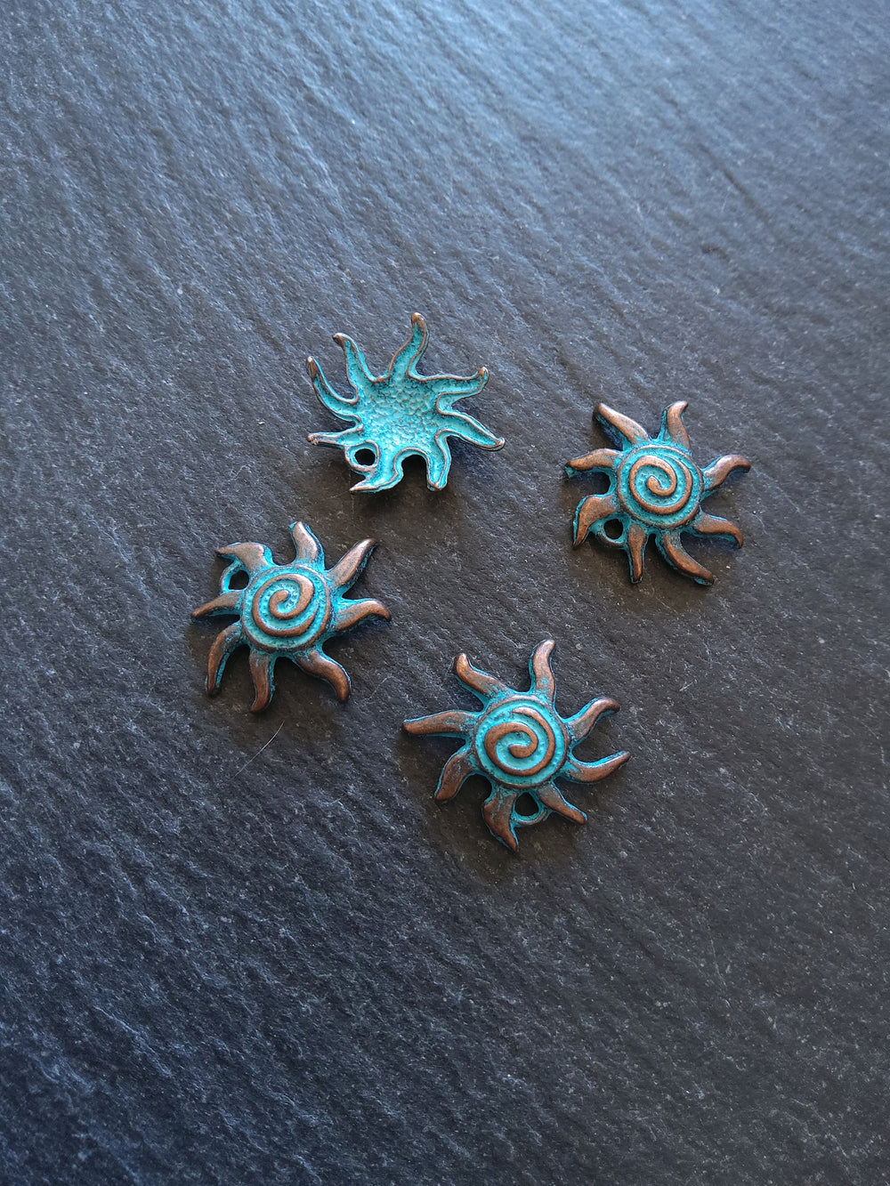 10 or 50 Antique Copper Sun Charms with Blue Patina 18x17x4mm