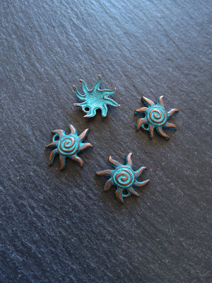 10 or 50 Antique Copper Sun Charms with Blue Patina 18x17x4mm