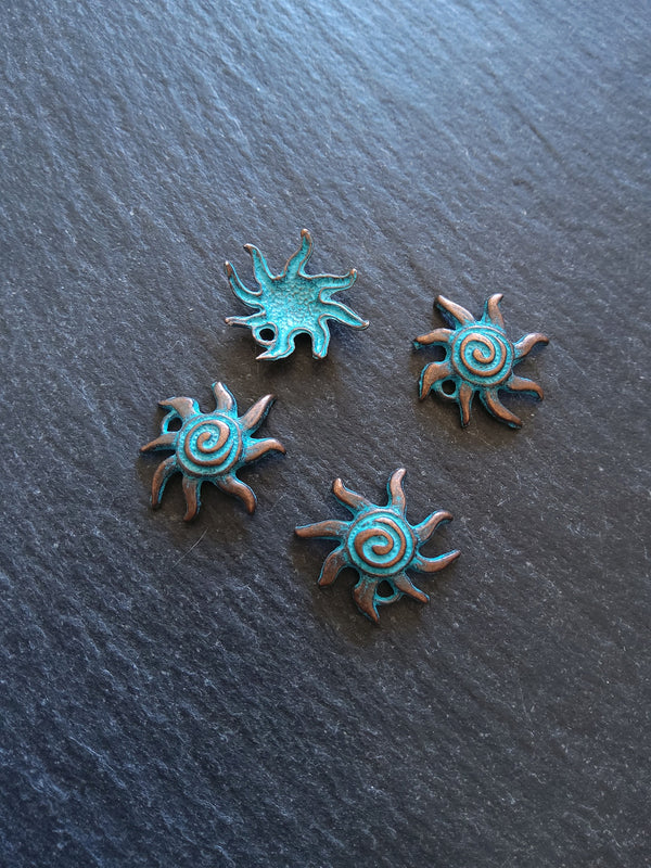 10 or 50 Antique Copper Sun Charms with Blue Patina 18x17x4mm