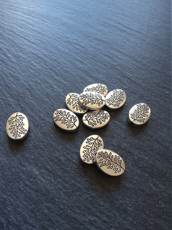 10 or 50 Antique Silver Tone Flattened Oval Shaped Tree Beads 13x10x3mm