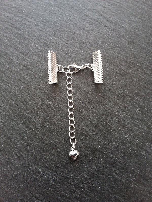 5 Silver Plated Crimp End Sets for 25mm (1") Ribbon with HEART Extender Chain