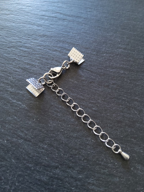 5 or 25 Patterned Stainless Steel Crimp End Sets for 8mm (5/16 inch) Ribbon with Extender Chain
