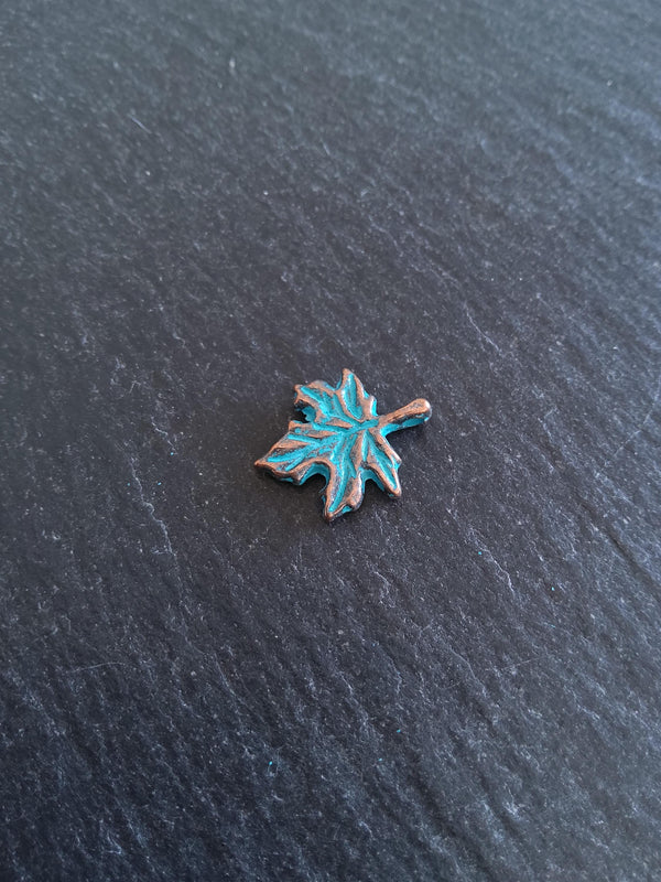 10 or 50 Antique Copper Tone Maple Leaf Charms with Blue Patina 17x13mm