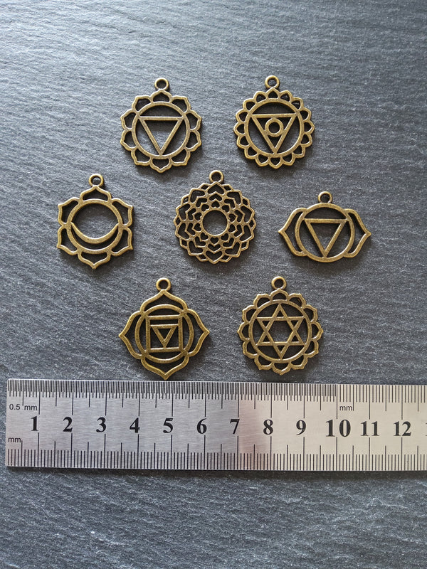 1 Full Set of The Seven Chakras Pendants in Antique Bronze Tone Metal Alloy average 30x25mm