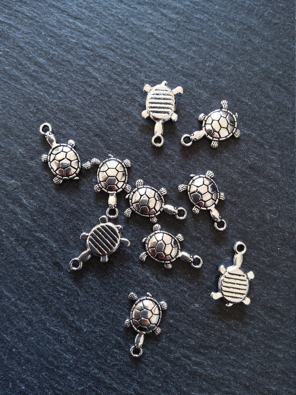 10 or 50 Little Tortoise Charms Antique Silver Tone 19x12mm