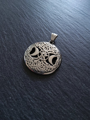 Stainless Steel Round Triple Moon Pentagram Pendant Silver Tone 40x36mm