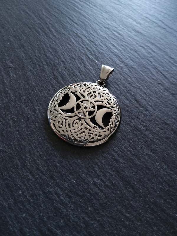 Stainless Steel Round Triple Moon Pentagram Pendant Silver Tone 40x36mm