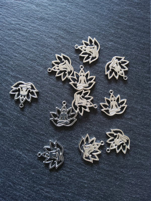 10 or 50 Antique Silver Tone Lotus Flower Meditation Yoga Charms 18x17mm