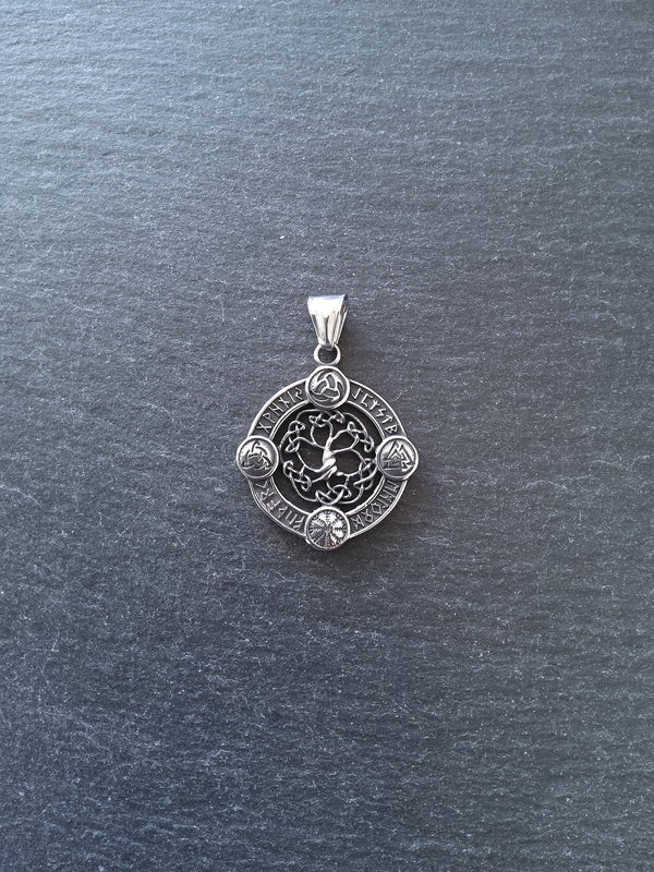Round Viking Symbol Pendant with Tree of Life Stainless Steel 38x33mm