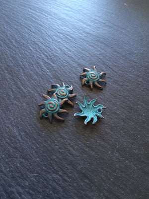 10 or 50 Antique Copper Sun Charms with Blue Patina 18x17x4mm
