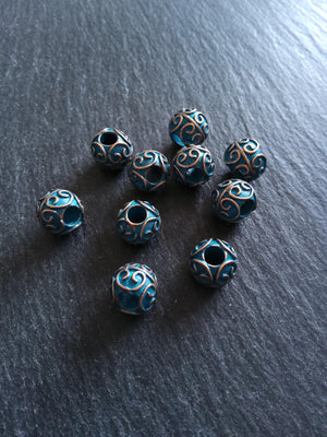 4 or 20 Patterned 10mm Ball Beads Antique Copper Tone Alloy with Blue Patina. 11x10mm Hole: 4.4mm