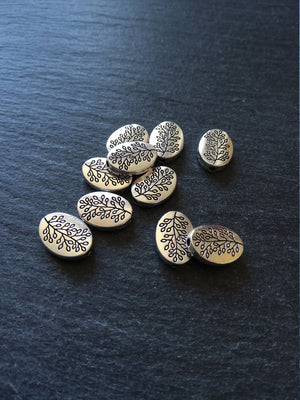 10 or 50 Antique Silver Tone Flattened Oval Shaped Tree Beads 13x10x3mm