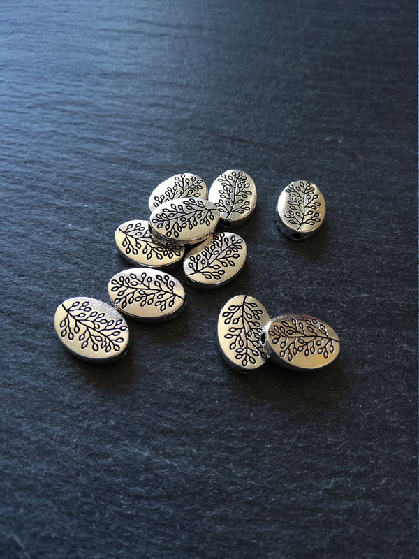10 or 50 Antique Silver Tone Flattened Oval Shaped Tree Beads 13x10x3mm
