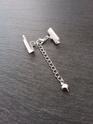 5 Silver Plated Crimp End Sets for 25mm (1") Ribbon with HEART Extender Chain