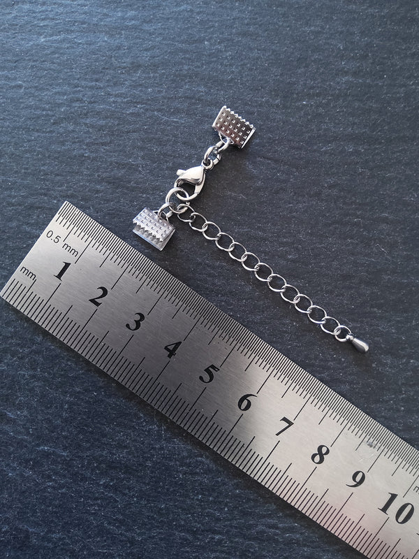 5 or 25 Patterned Stainless Steel Crimp End Sets for 8mm (5/16 inch) Ribbon with Extender Chain