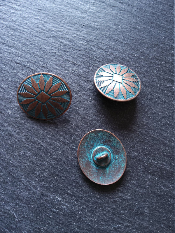 4 or 20 Oval Metal Shank Buttons Antique Copper Tone with Blue Patina 25x22mm (1"x7/8")