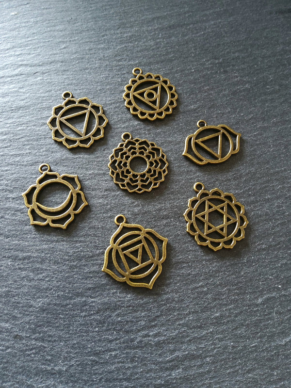 1 Full Set of The Seven Chakras Pendants in Antique Bronze Tone Metal Alloy average 30x25mm