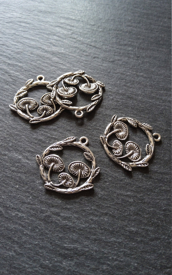 4 or 20 Mushroom Toadstool Round Forest Medium Charms Antique Silver Tone 26x25mm