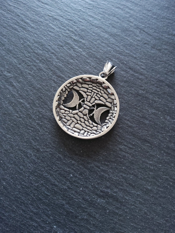 Stainless Steel Round Triple Moon Pentagram Pendant Silver Tone 40x36mm