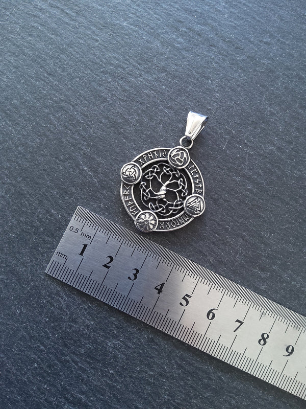 Round Viking Symbol Pendant with Tree of Life Stainless Steel 38x33mm