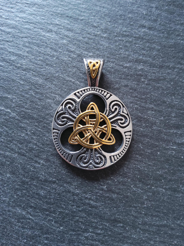 Stainless Steel Trinity Celtic Knot Silver & Gold Large Pendant 45x33x8mm