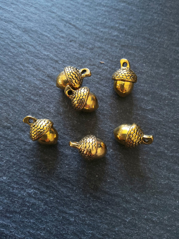 6 or 30 Acorn Charms Antique Gold Tone Solid Metal Alloy 14x10mm