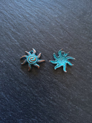 10 or 50 Antique Copper Sun Charms with Blue Patina 18x17x4mm