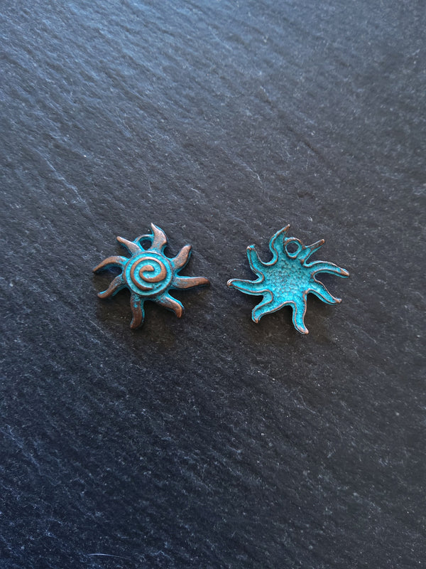 10 or 50 Antique Copper Sun Charms with Blue Patina 18x17x4mm